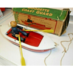 RARE 1930 Woodette Coast Guard Pressed Steel USCG Wood Figure Toy Rowboat & Box 