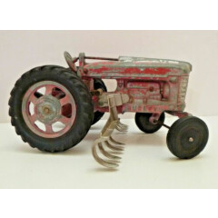 Vintage 1950s Hubley with rake Toy Tractor Red Die Cast RARE