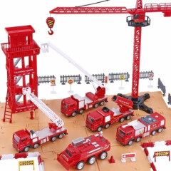 Kids Trucks Play Set 5 Emergency Rescue Vehicles W/ Station Crane + More Ages 3+