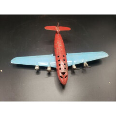 Vintage 1940s Era Pressed Steel Metal Toy Airplane Passenger Jet Red & Blue 