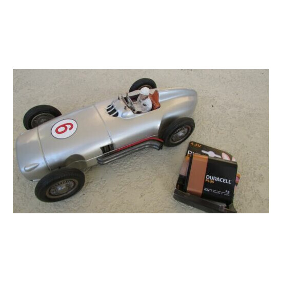 1950's JNF Mercedes Silver Arrow W196 Battery Op 13 in. tin toy race car driver  {1}