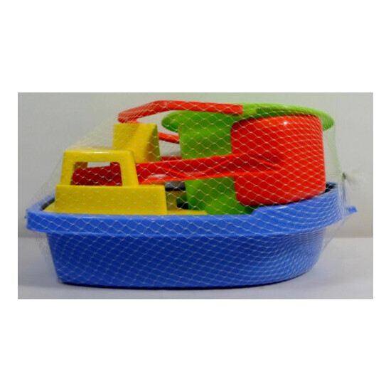 GREEK VTG APERGIS 80's PLASTIC 12'' BOAT SHIP w/ SAND TOOLS WATER TOY FLOATS MIP {1}