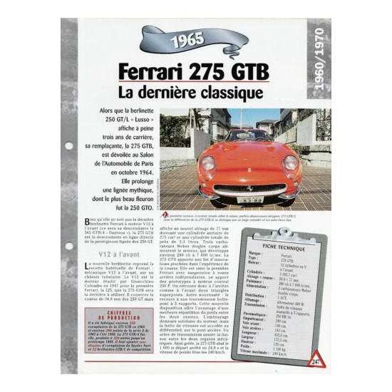 Car ferrari 275 gtb automobile sheet 1965 collection car france  {1}
