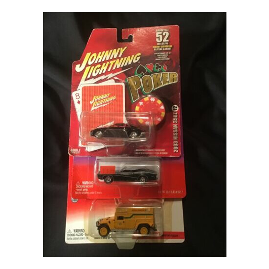 Johnny Lightning 3 Car Lot-Poker Nissan, Classic Gold Cougar, Am Heroes Hummer {1}