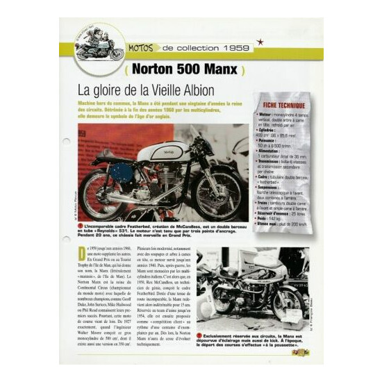 Technical intelligence sheet collectible motorcycle norton manx model 1959 500  {1}