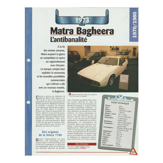 Automobile spec sheet-matra bagheera 1973  {1}