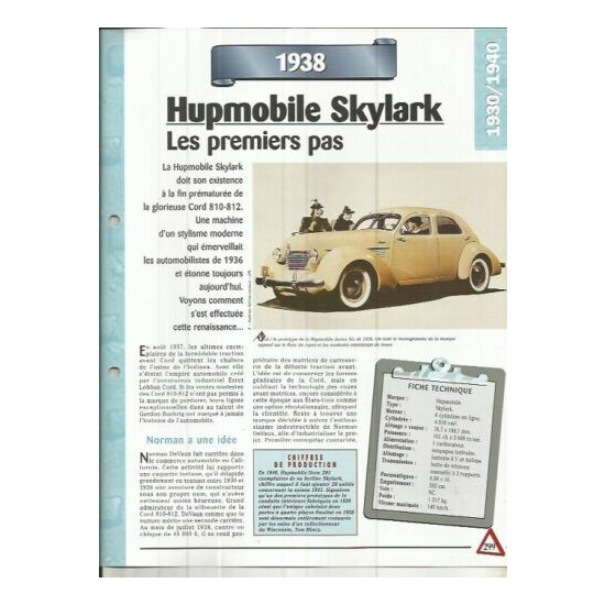 Automobile spec sheet - the 1938 hupmobile skylark  {1}