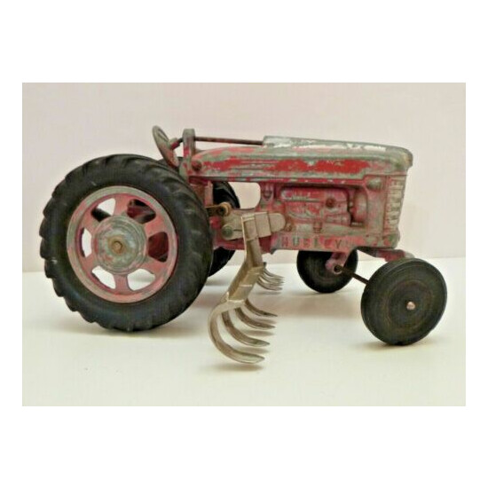 Vintage 1950s Hubley with rake Toy Tractor Red Die Cast RARE {1}