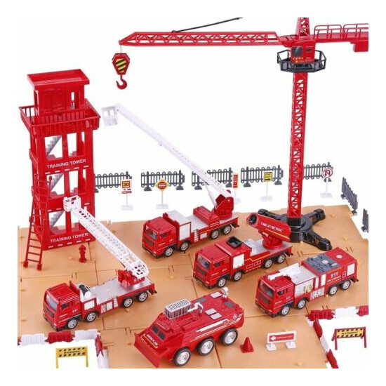 Kids Trucks Play Set 5 Emergency Rescue Vehicles W/ Station Crane + More Ages 3+ {1}