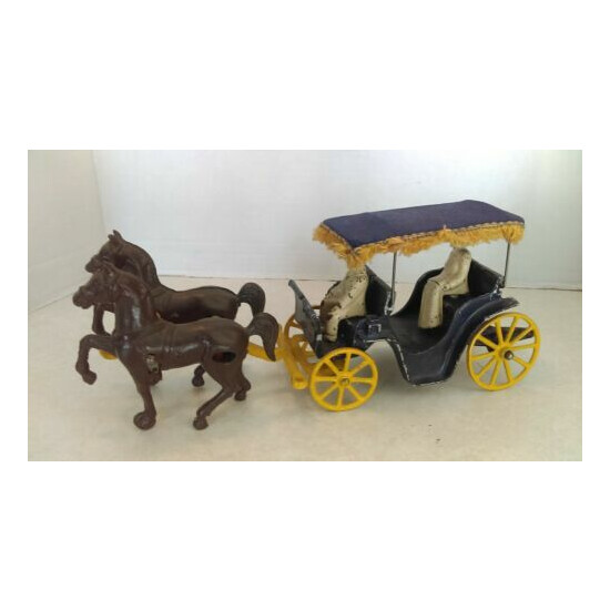 1940's Stanley Toy 2 Horse Cast Metal Surrey With Canopy Driver & Passenger {1}