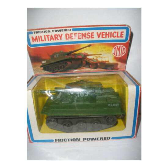 Rare Vintage 1981 IMCO friction powered military defence vehicle tank toy box  {1}