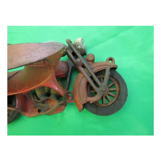 Vintage Hubley Cast Iron Motorcycle With Sidecar Toy With Rare Double Headlight {9}