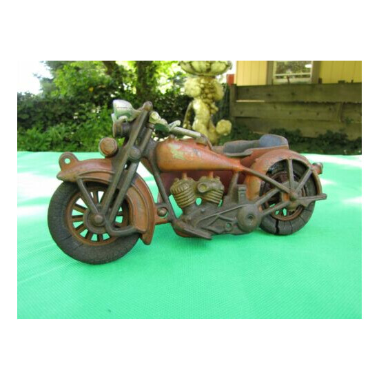 Vintage Hubley Cast Iron Motorcycle With Sidecar Toy With Rare Double Headlight {2}