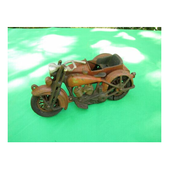 Vintage Hubley Cast Iron Motorcycle With Sidecar Toy With Rare Double Headlight {1}